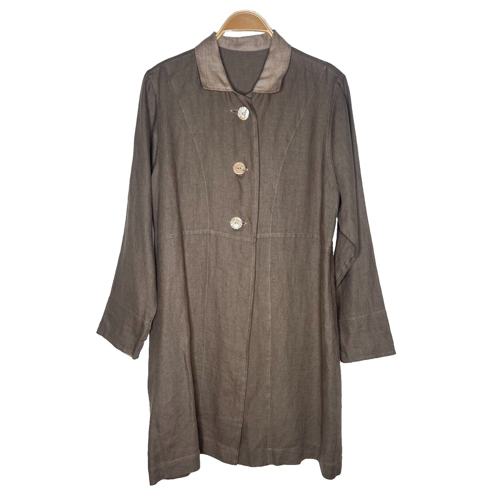 Robin Lane Brown Linen Knee Length Coat Jacket Size 3/Large Sustainable